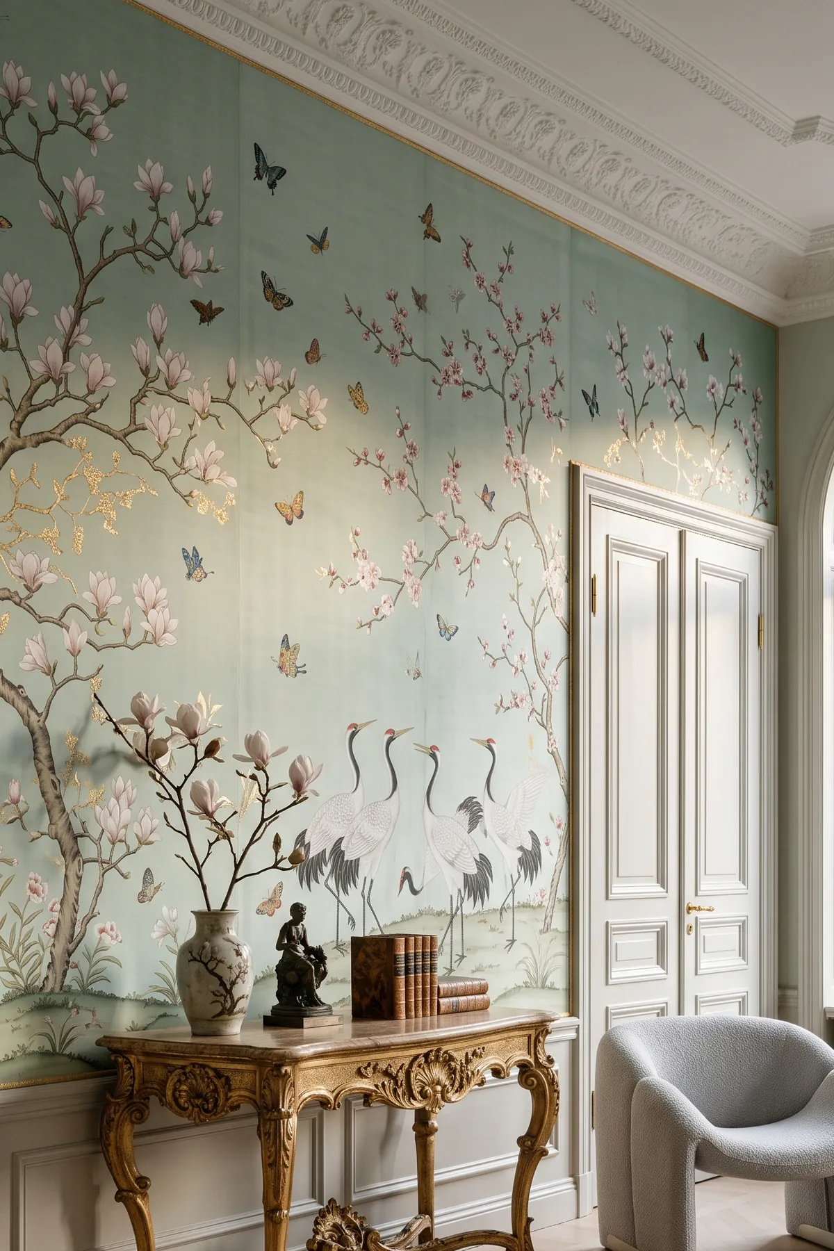 Chinoiserie-mural i blekgrönt med magnolia.