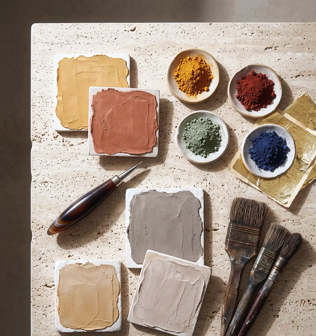 Pigment i skålar och utstrukna putsprover på travertin.