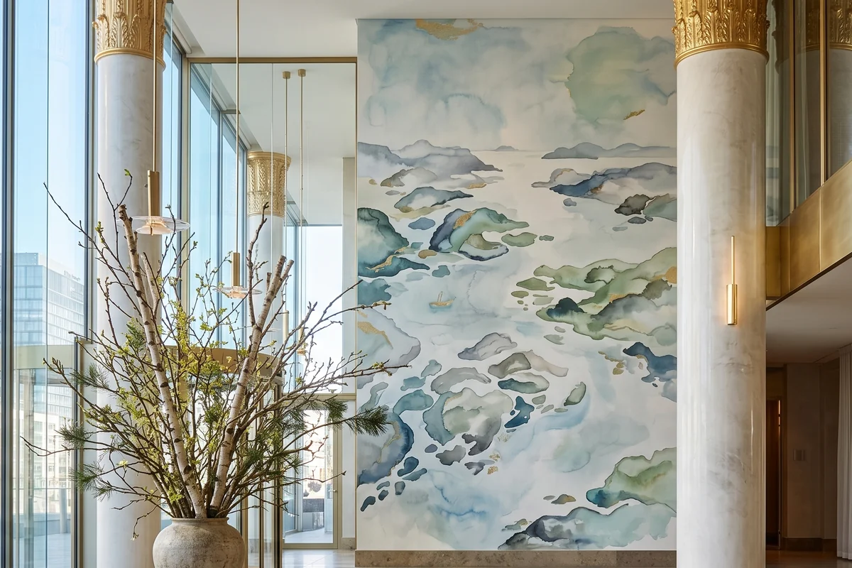 Akvarellmålad skärgårdsmural mellan marmorpelare i en lobby.