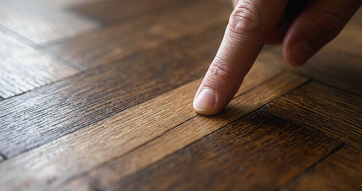Ett finger följer skarven mellan plankorna.